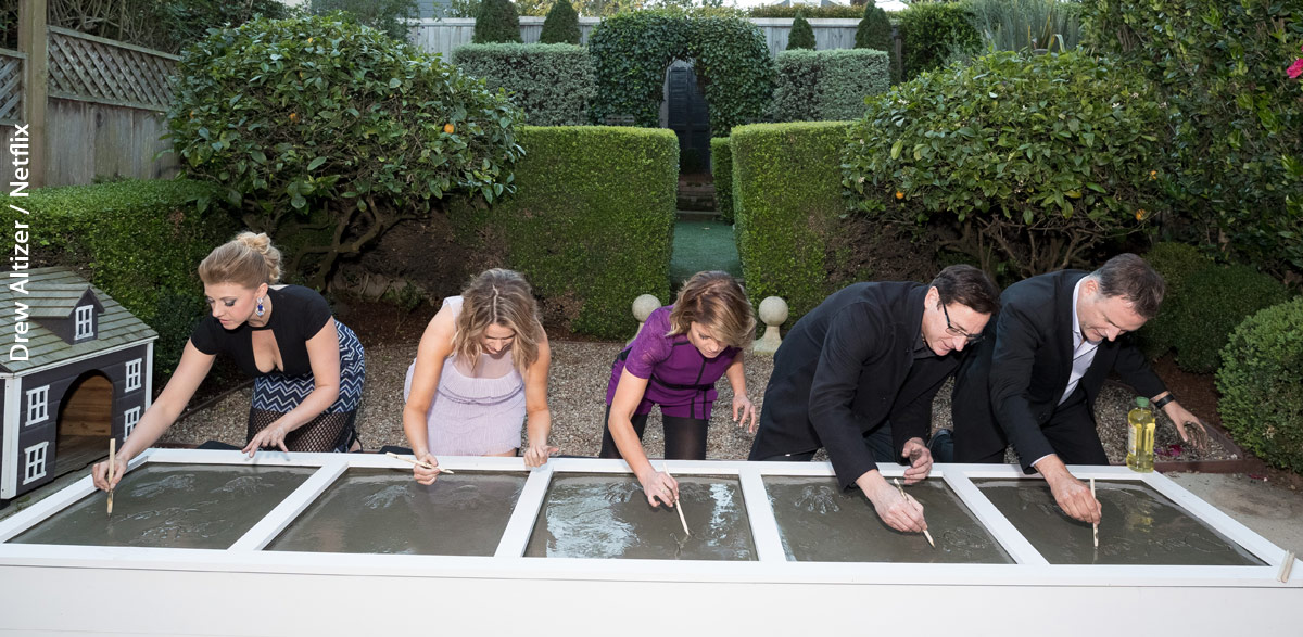 Jodie Sweetin, Andrea Barber, Candace Cameron Bure, Bob Saget and Dave Coulier signing their names in cement behind the house in San Francisco
