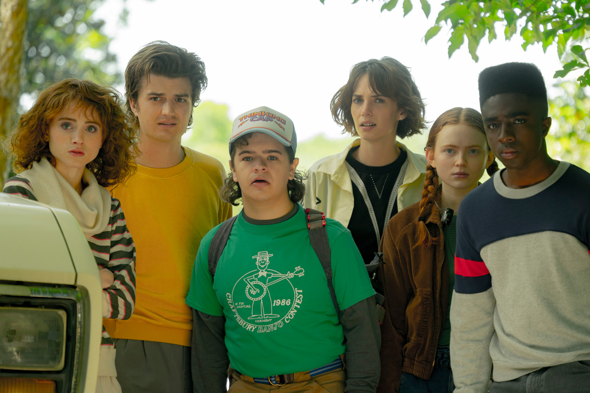 (L to R) Natalia Dyer as Nancy Wheeler, Joe Keery as Steve Harrington, Gaten Matarazzo as Dustin Henderson, Maya Hawke as Robin Buckley, Sadie Sink as Max Mayfield, and Caleb McLaughlin as Lucas Sinclair. Photo: Tina Rowden/Netflix 2022