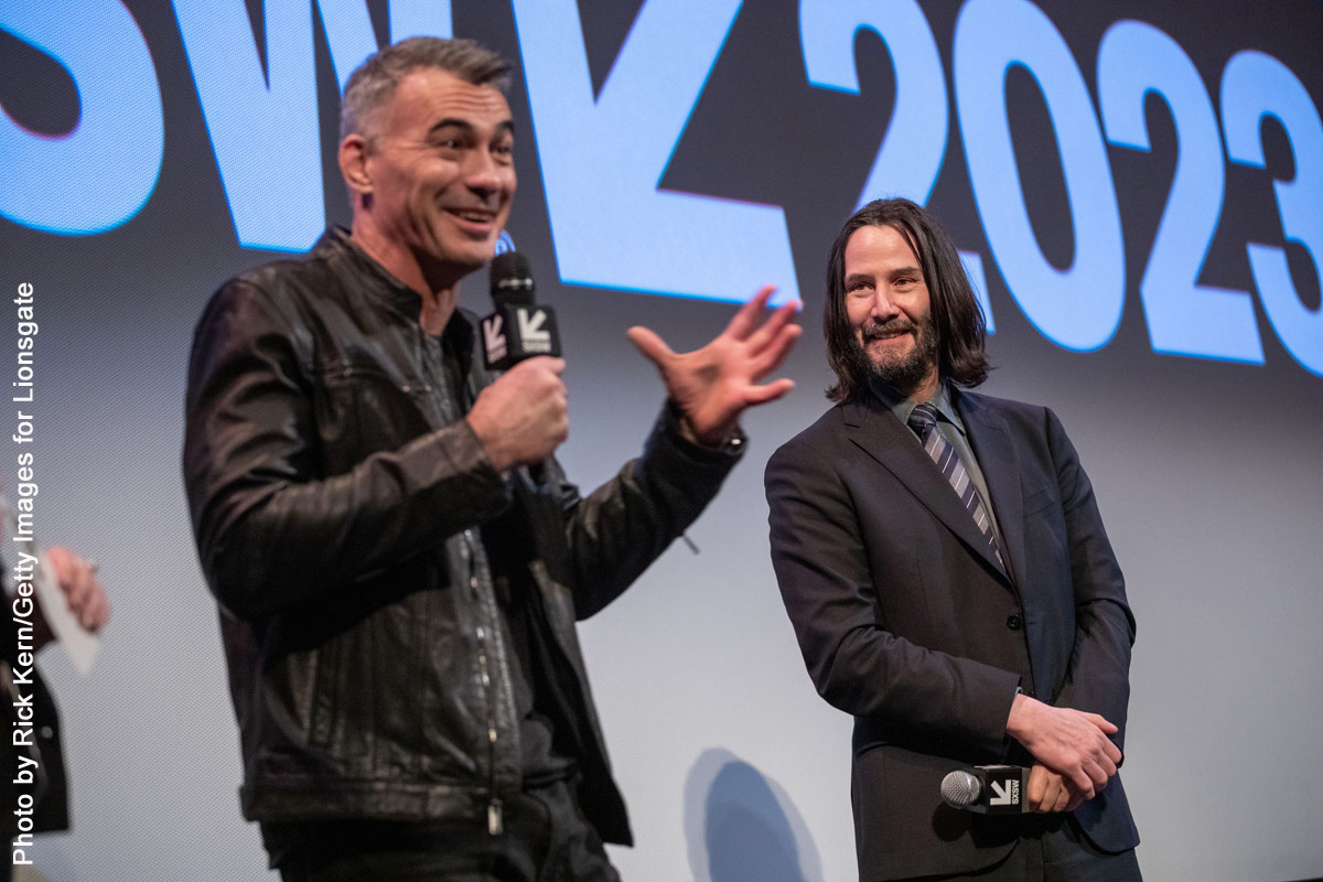 Chad Stahelski (L) and Keanu Reeves speak during a Q&A following a special screening of John Wick: Chapter 4 during the 2023 SXSW Film Festival.