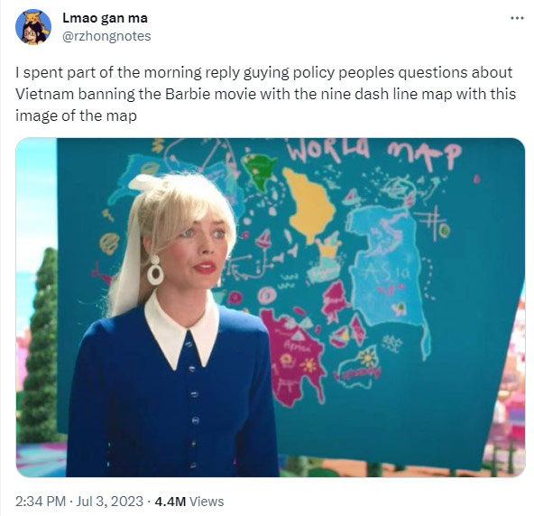 Cartoon map depicting nine-dash line in Barbie